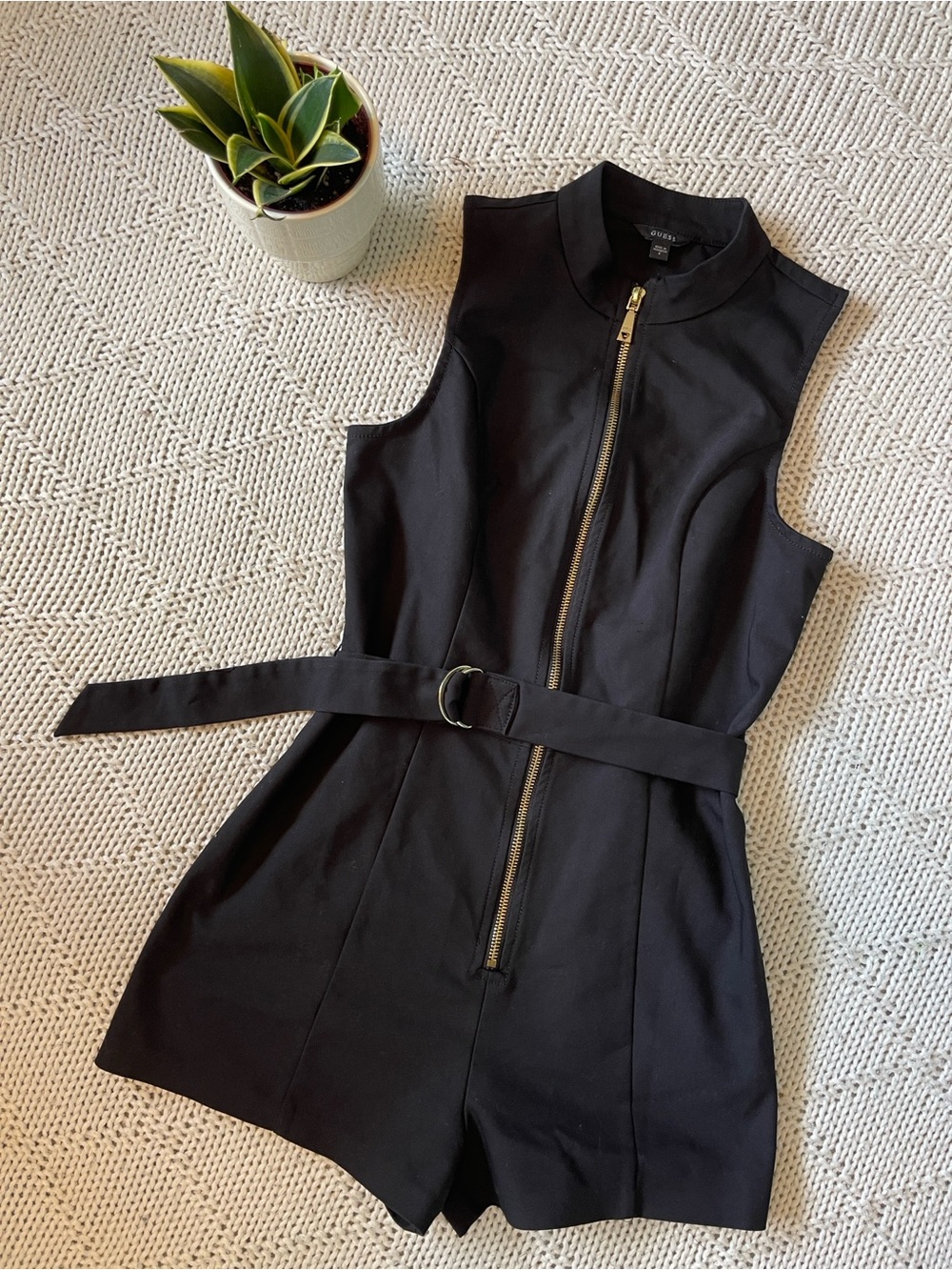 Guess Black Gold Zip Belted Romper Size 4 Sleeveless Utility Chic